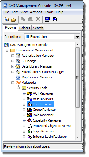 Metacoda Security Plug-ins version 2.0 viewed in SAS® Management Console 9.3 Plug-ins Tab