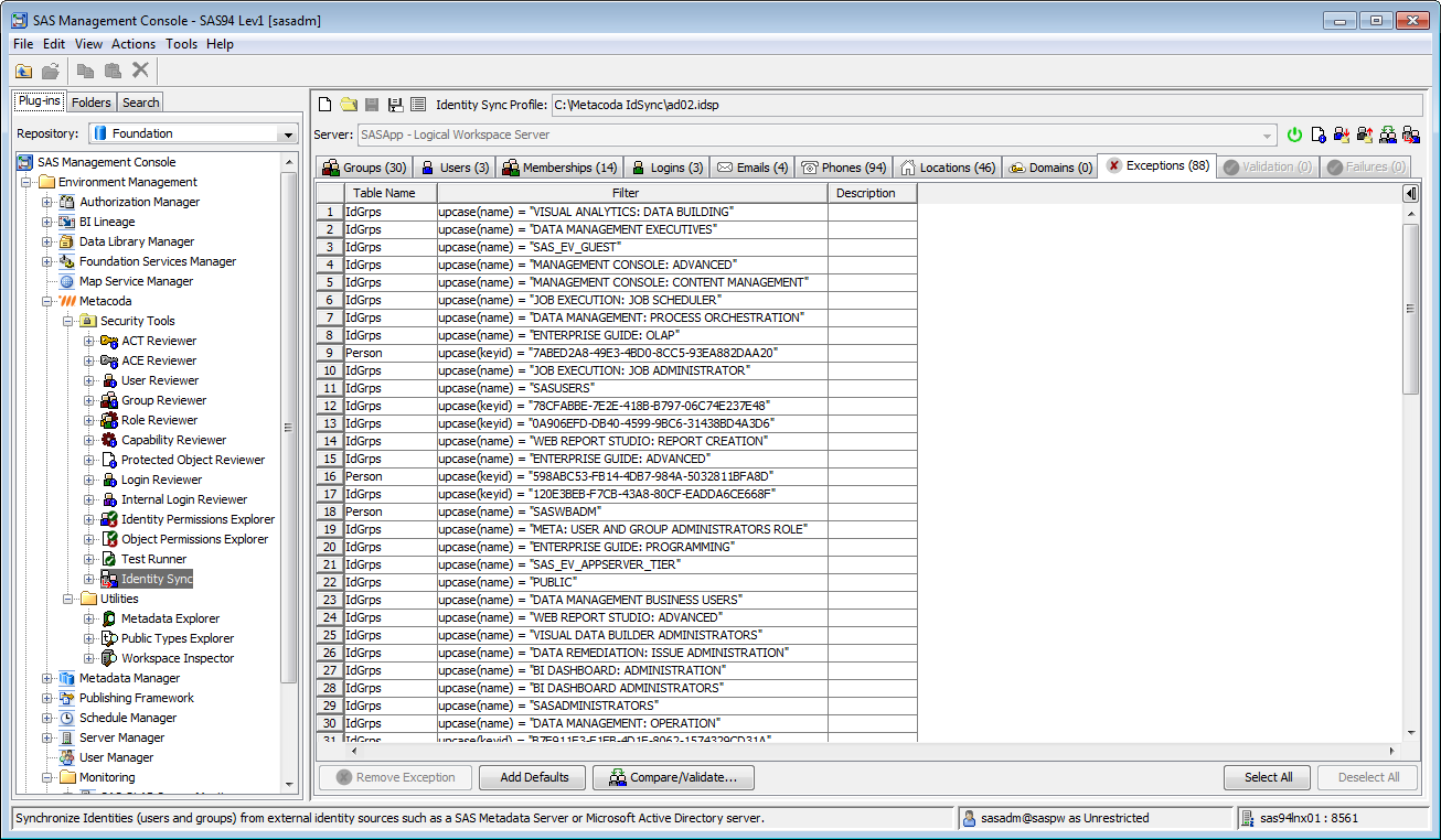Metacoda Security Plug-ins: Identity Sync (Exceptions Tab)