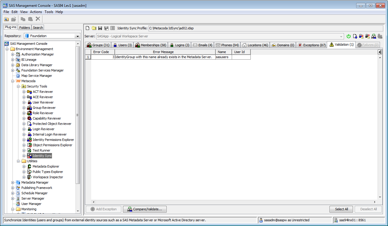 Metacoda Security Plug-ins: Identity Sync (Validation Tab)