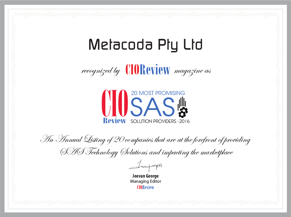 CIO Review's Metacoda certificate