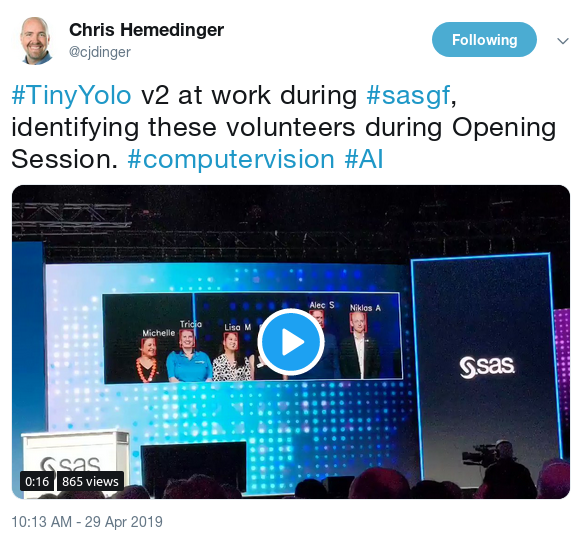 Chris Hemedinger SASGF Facial Recognition Demo Tweet 