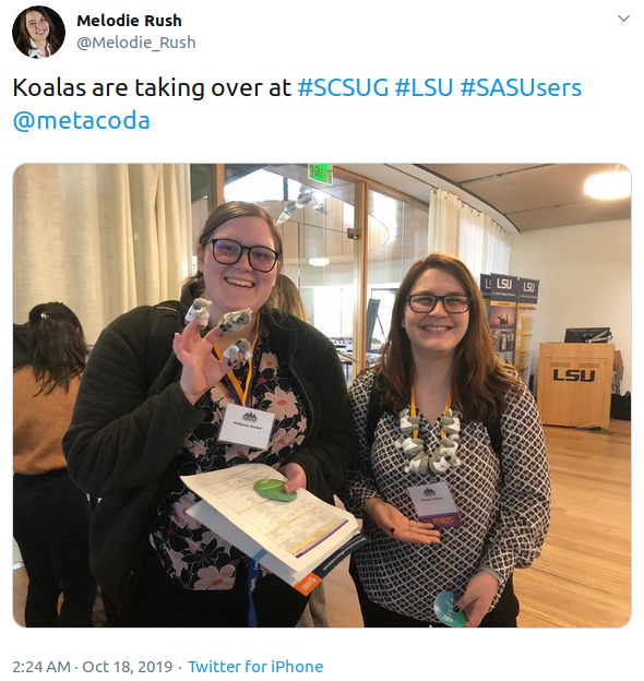 Melodie Rush tweet at SCSUG 2019 with the Metacoda koalas